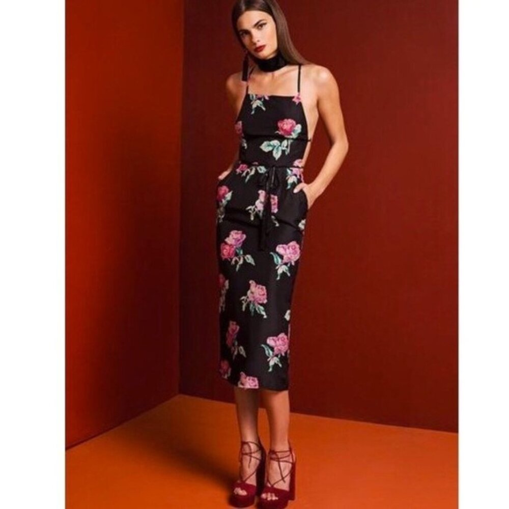 Stone Cold Fox Camellia Sheath Midi Dress Open Back Black Peony Print Size 3